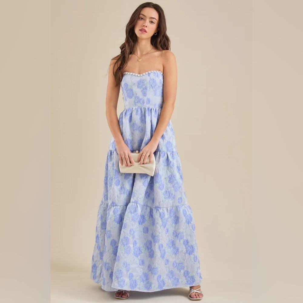 Elegant Blue Strapless Skye Floral Maxi Dress